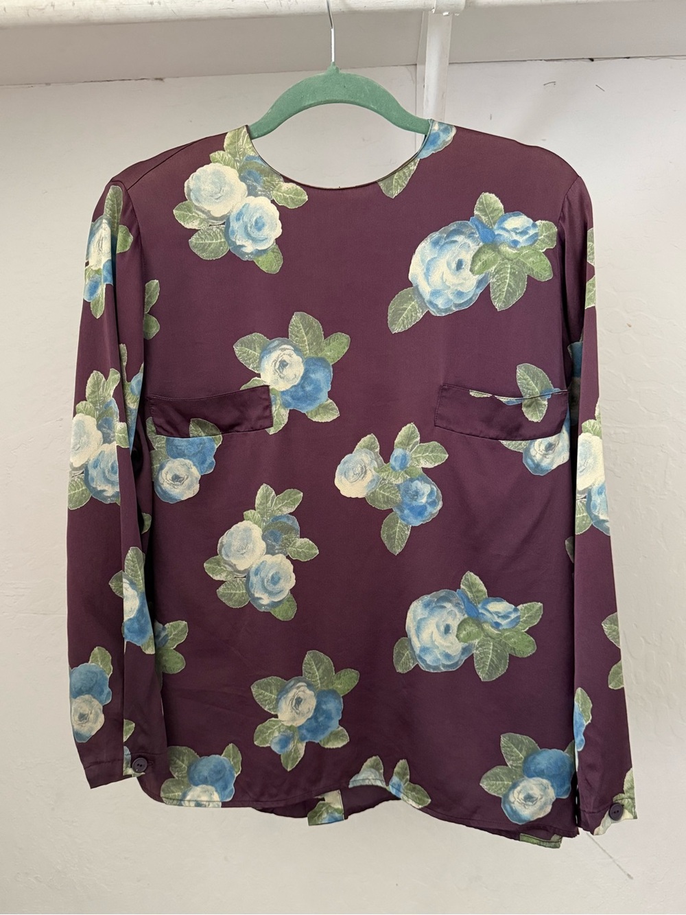 1980s-90s Krizia Neiman Marcus Brownish Plum Silk Blouse with Blue Rose Print